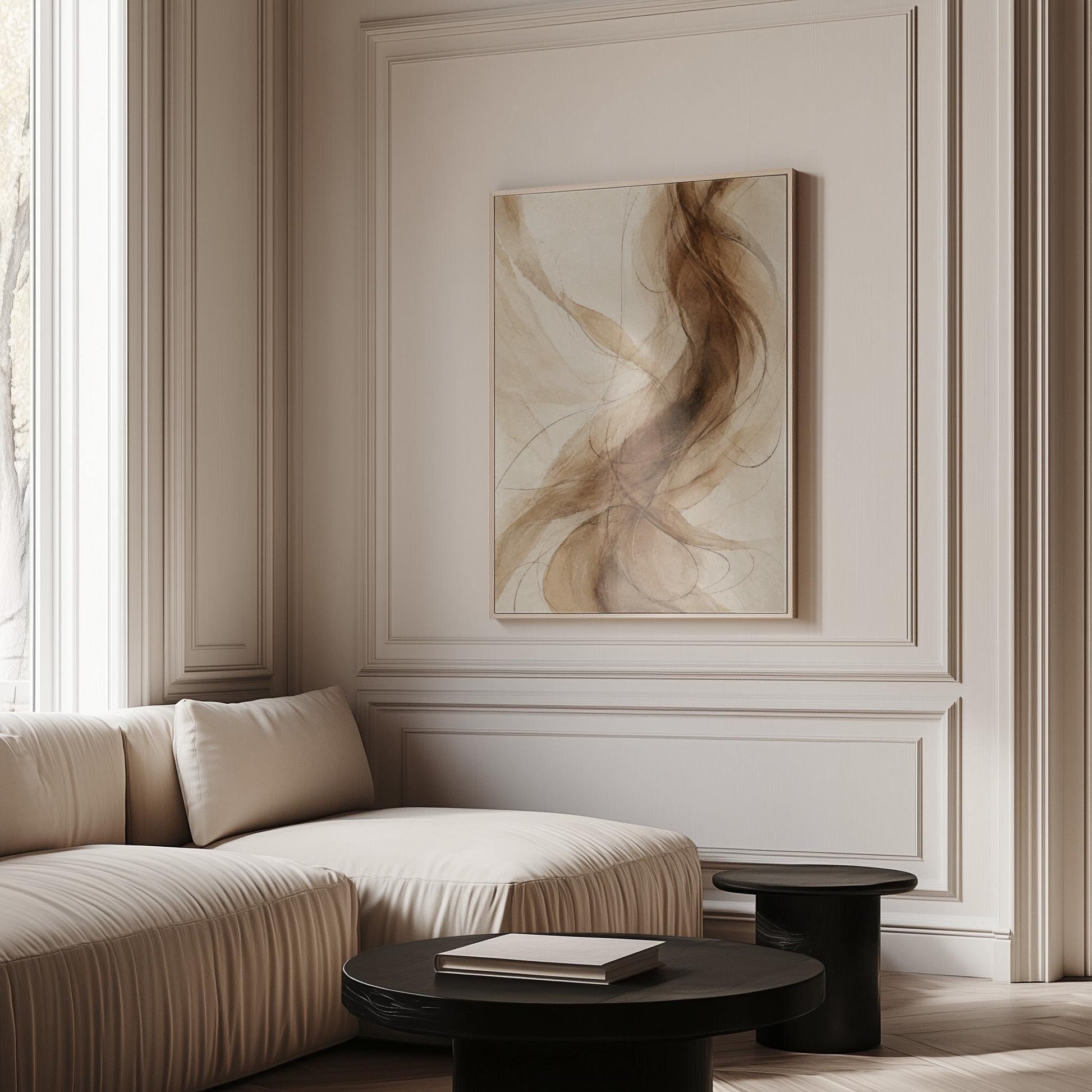 Wispy brown strands flowing across cream background, canvas wall art presented in a light, minimal room