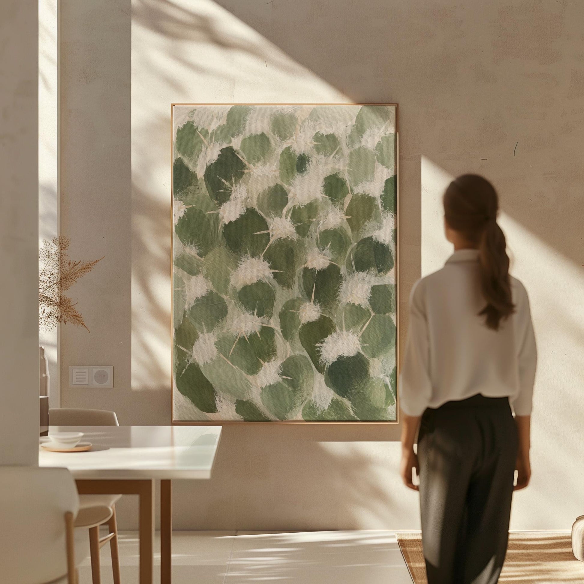 Cactus pads pattern with pale spines in sage green, canvas print presented in a light, minimal room