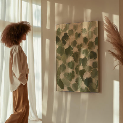 Cactus pads pattern with pale spines in sage green, canvas print shown in a sunlit, contemporary room