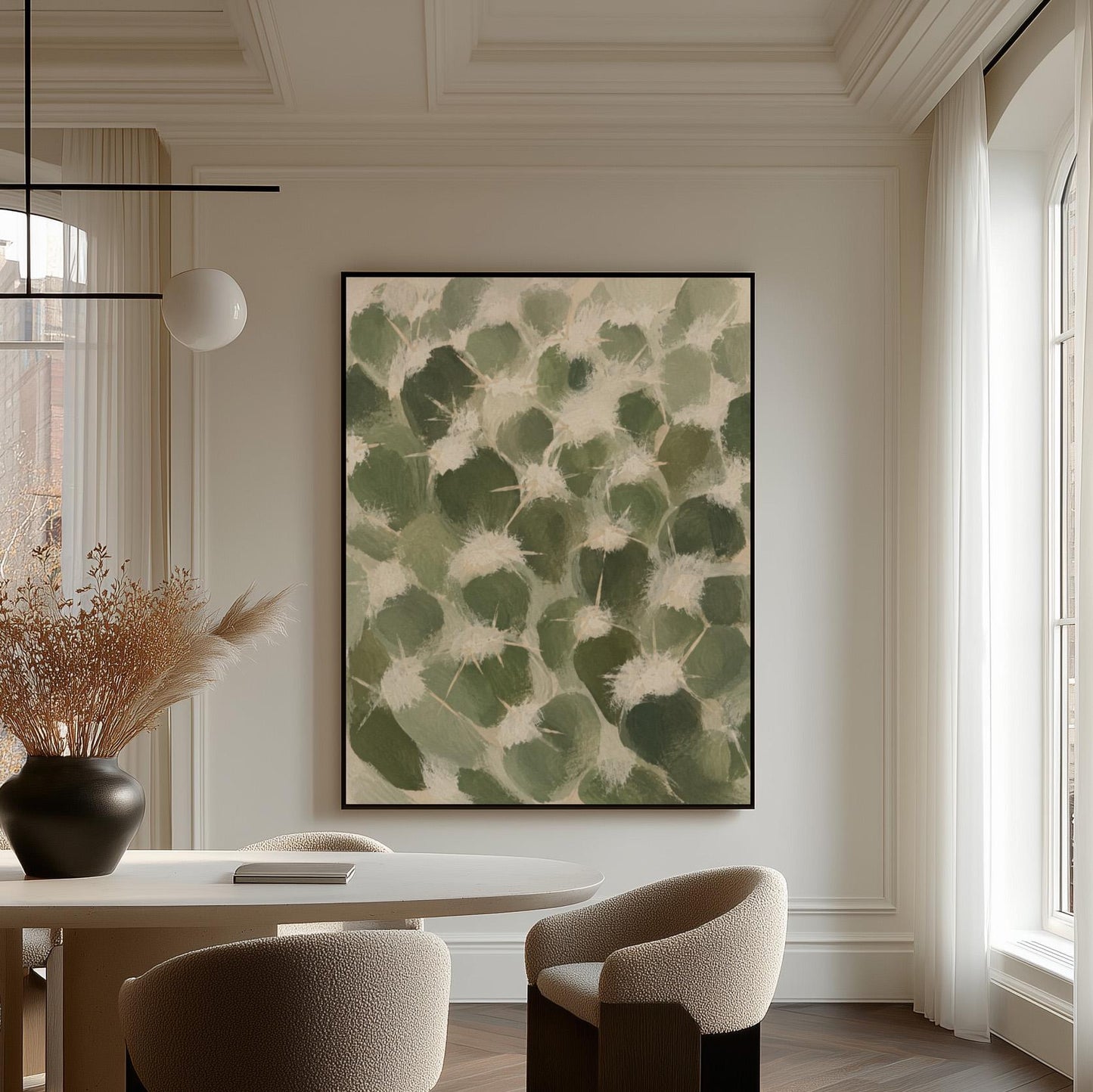 Cactus pads pattern with pale spines in sage green, canvas wall art presented in a light, minimal room