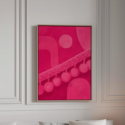 Hot magenta composition with arches and pom pom garland, canvas print in a bright room with natural daylight