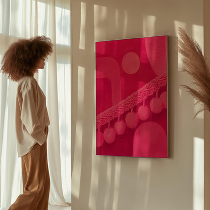 Hot magenta composition with arches and pom pom garland, canvas print presented in a light, minimal room