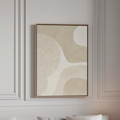 Soft speckled organic shapes in pearl and cream, canvas print in a bright room with natural daylight