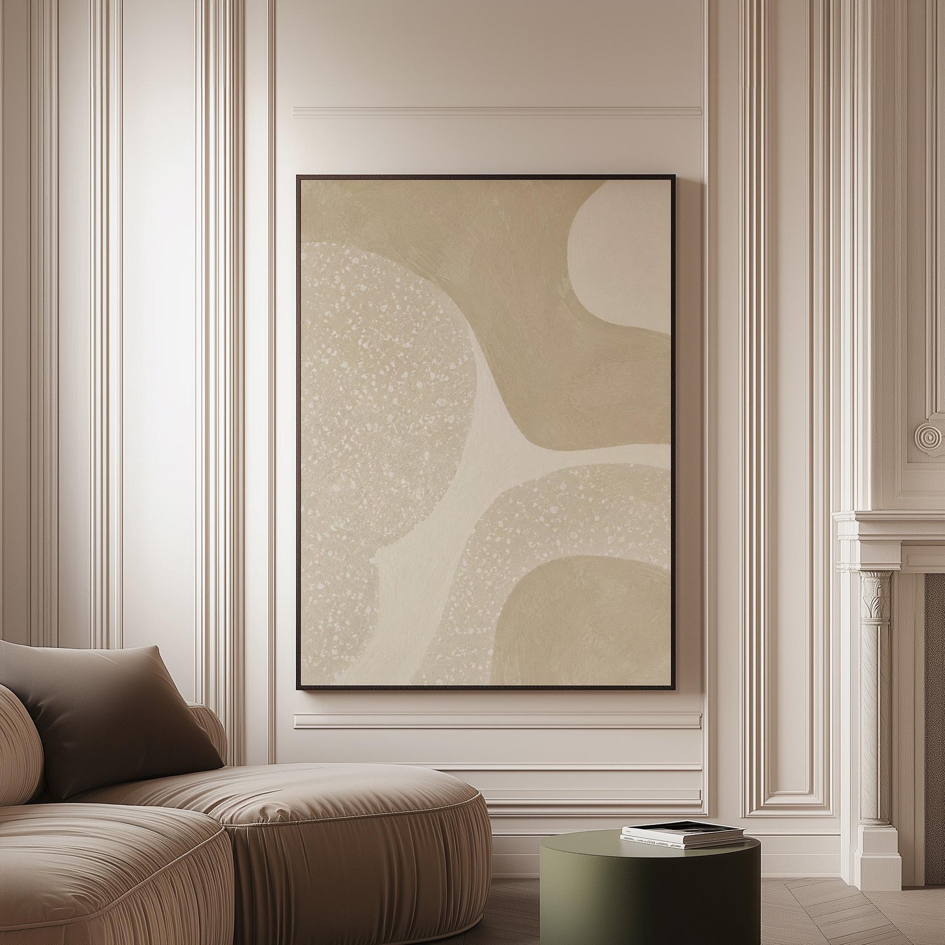 Soft speckled organic shapes in pearl and cream, canvas print on a softly lit wall in a calm interior