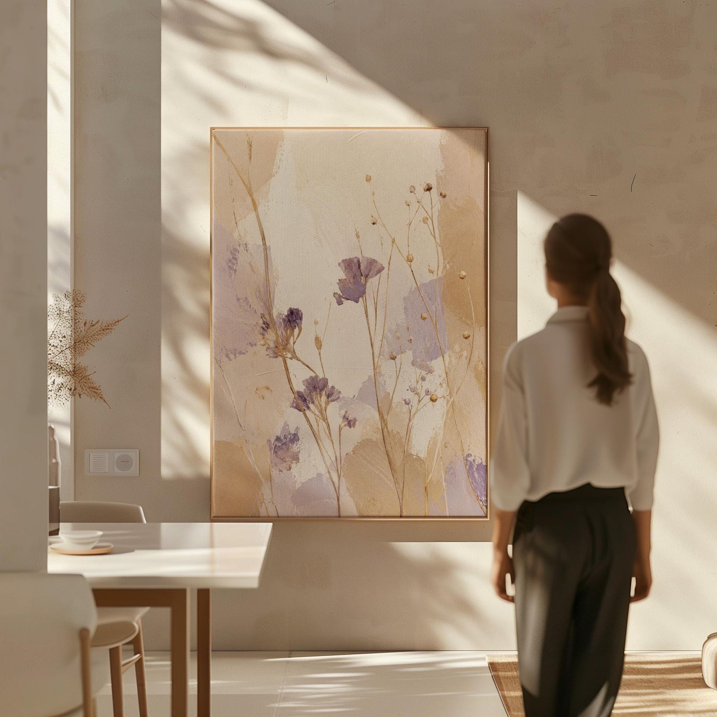 Delicate wildflowers and lavender stems on warm beige, canvas print seen in a warm interior with natural light