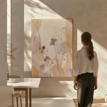 Delicate wildflowers and lavender stems on warm beige, canvas print seen in a warm interior with natural light