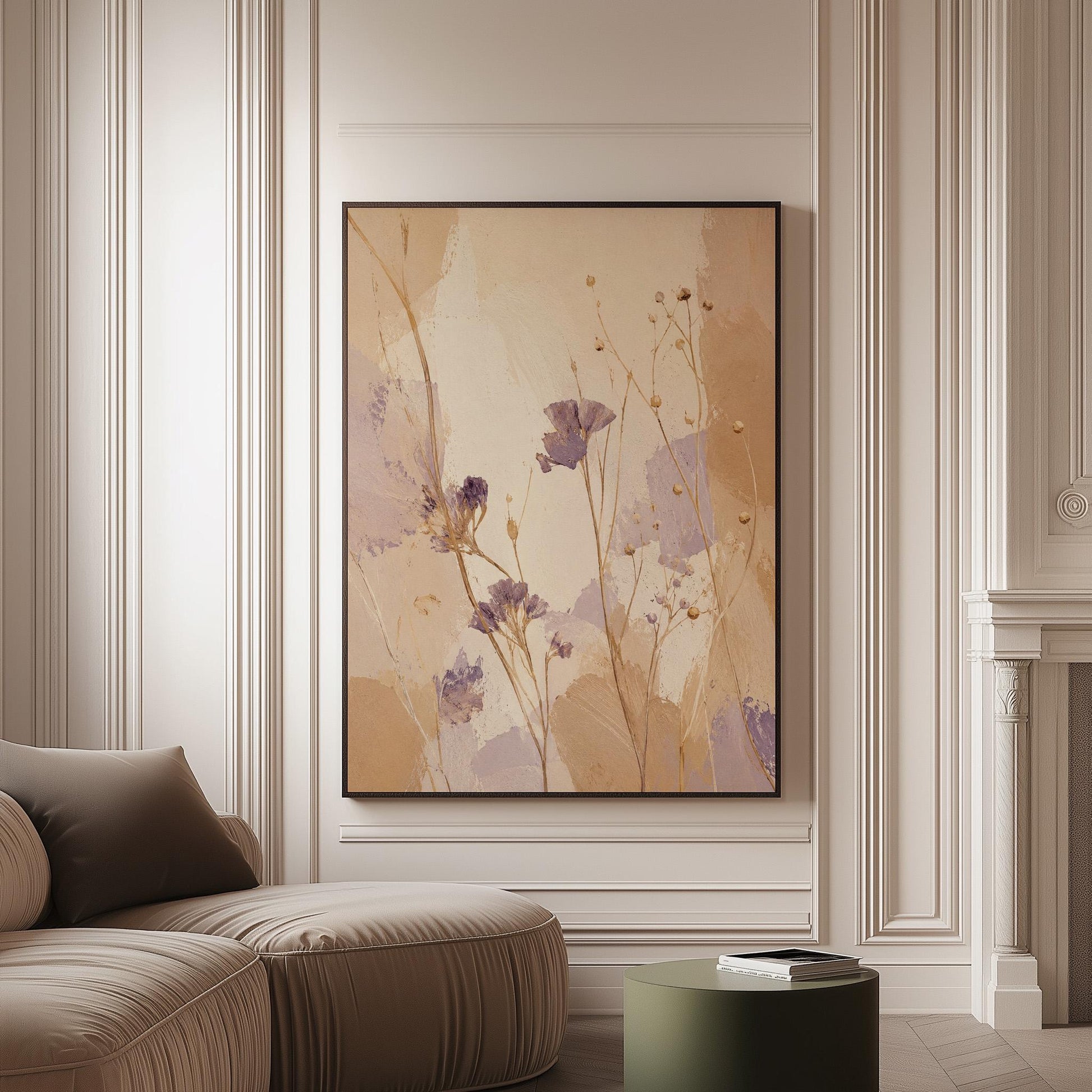 Delicate wildflowers and lavender stems on warm beige, canvas print on a softly lit wall in a calm interior