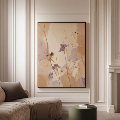 Delicate wildflowers and lavender stems on warm beige, canvas print on a softly lit wall in a calm interior