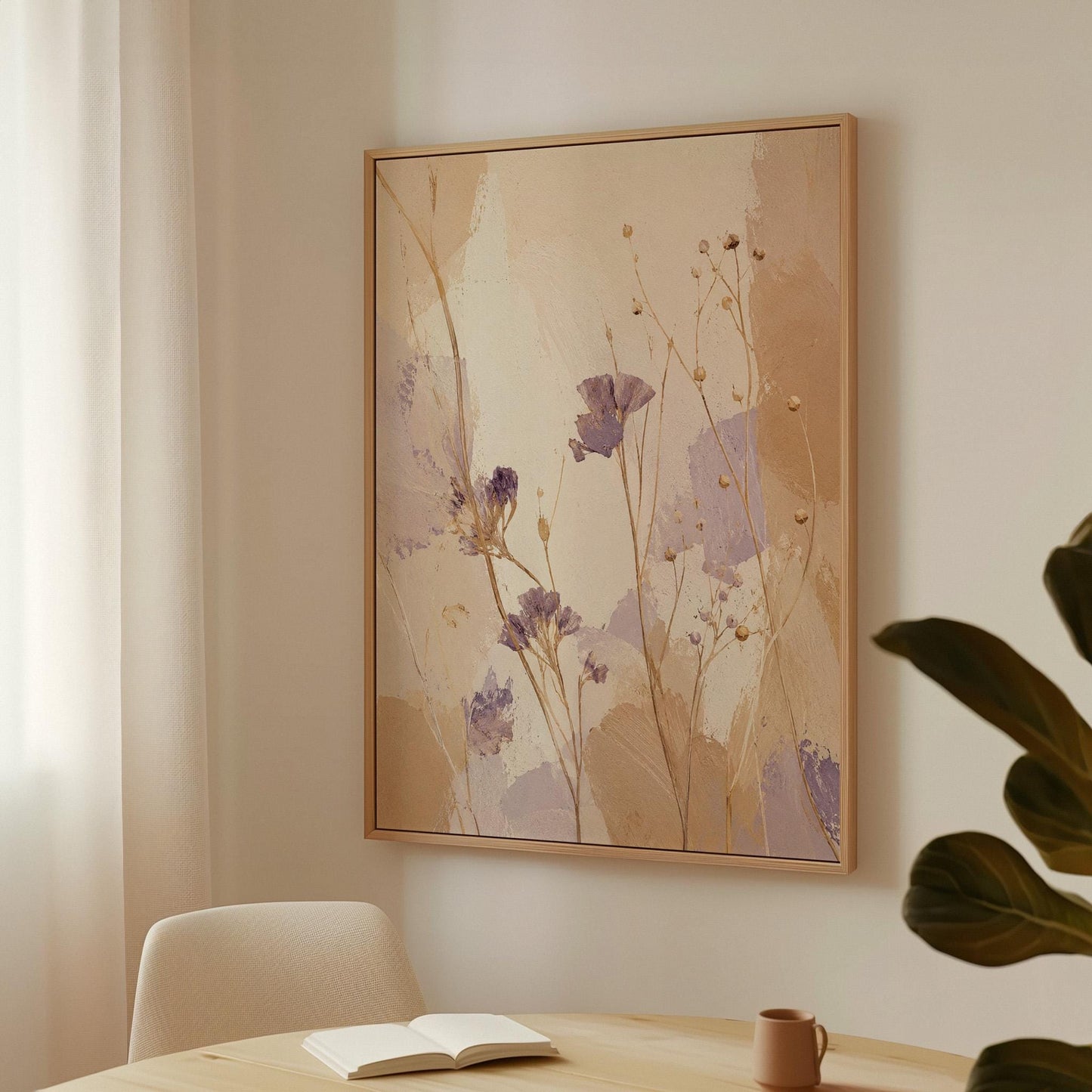 Delicate wildflowers and lavender stems on warm beige, canvas wall art styled against a soft white wall