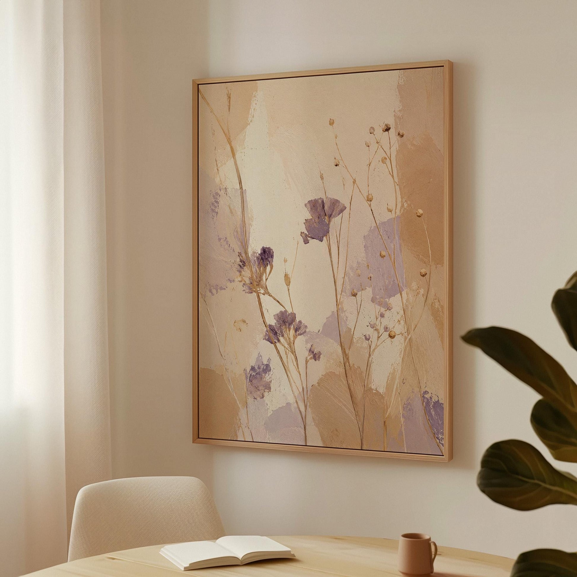 Delicate wildflowers and lavender stems on warm beige, canvas wall art styled against a soft white wall
