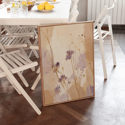 Delicate wildflowers and lavender stems on warm beige, canvas wall art presented in a light, minimal room