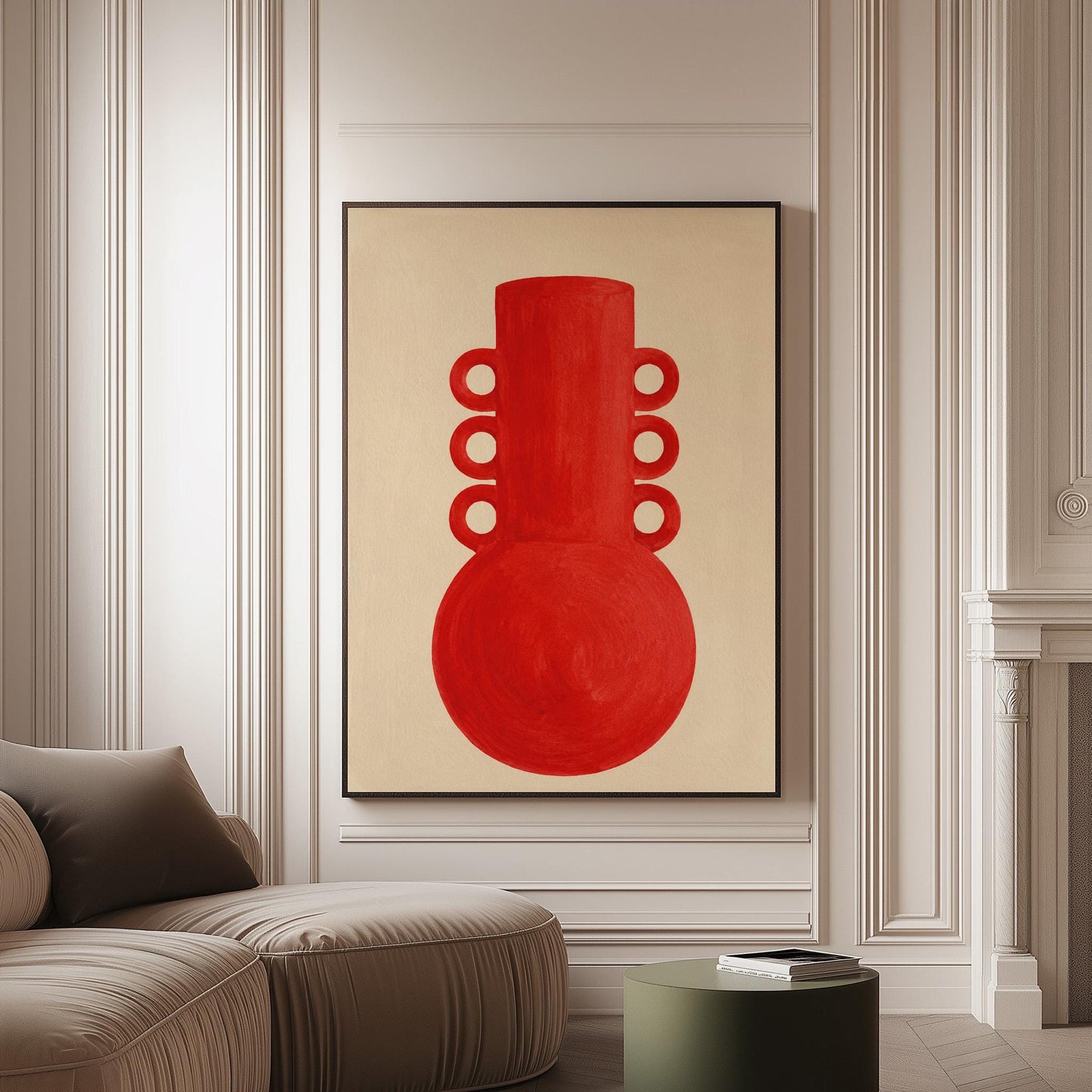 Bold red vessel with ring handles on cream background, canvas print on a softly lit wall in a calm interior