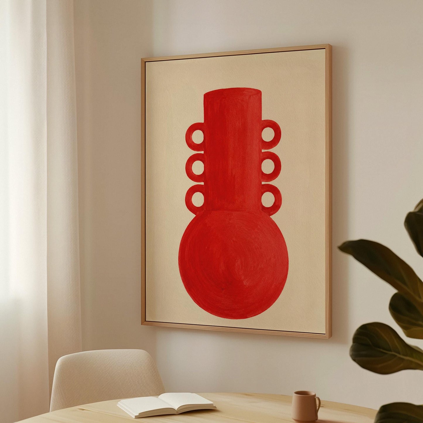 Bold red vessel with ring handles on cream background, canvas print on a quiet wall in a considered interior