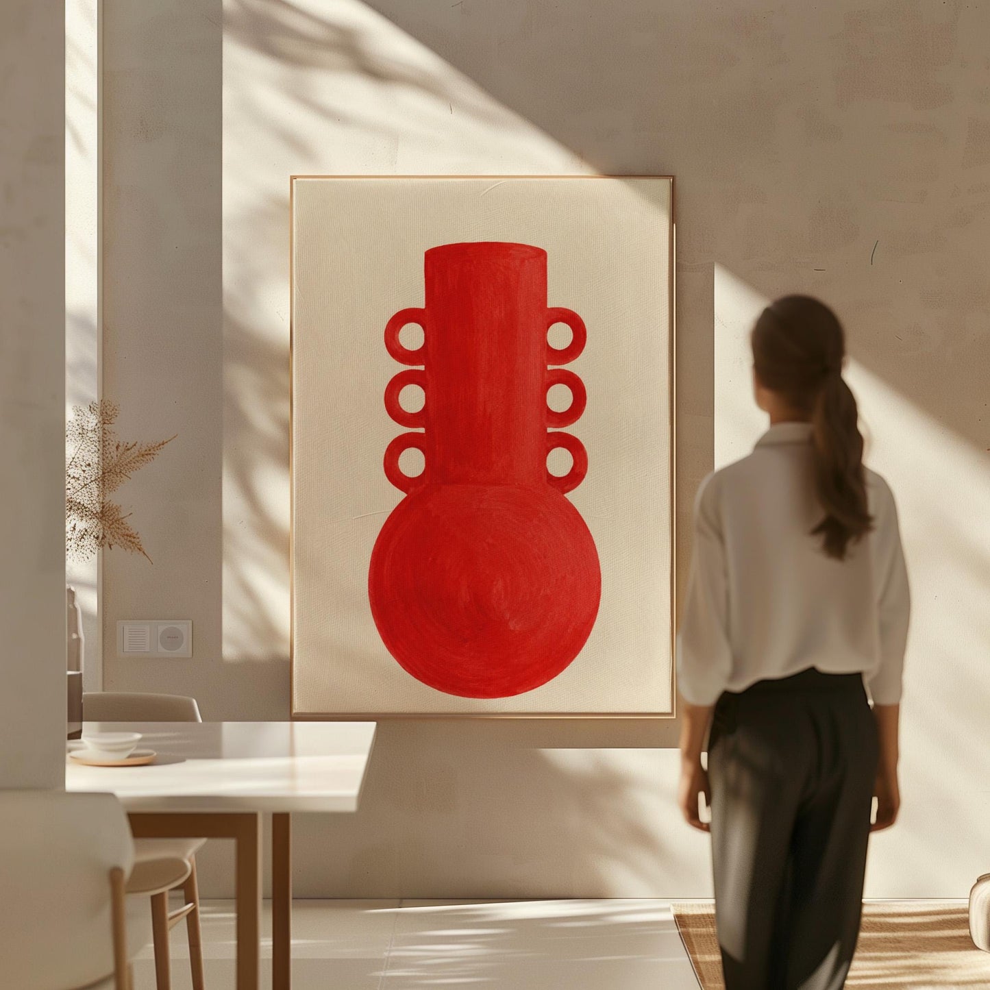 Bold red vessel with ring handles on cream background, canvas print displayed on a neutral wall in a styled interior