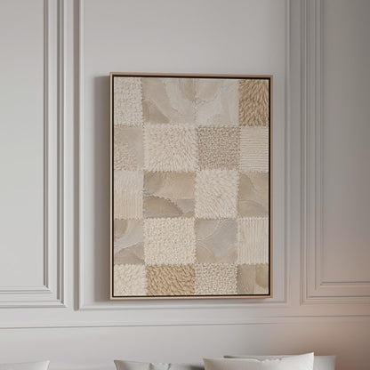 Checkered patchwork of soft cream and beige squares, canvas print in a bright room with natural daylight