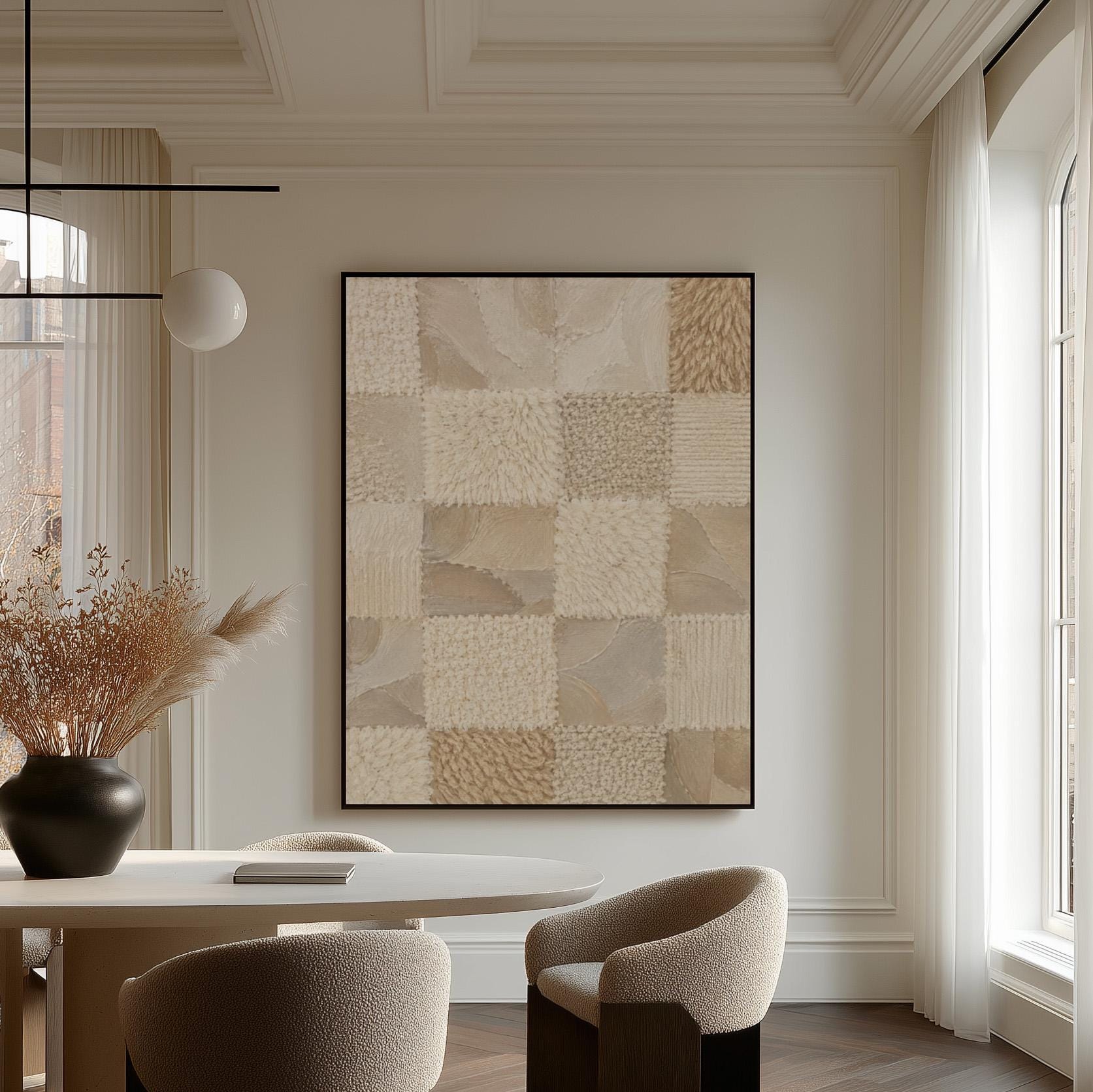 Checkered patchwork of soft cream and beige squares, canvas print seen in a warm interior with natural light
