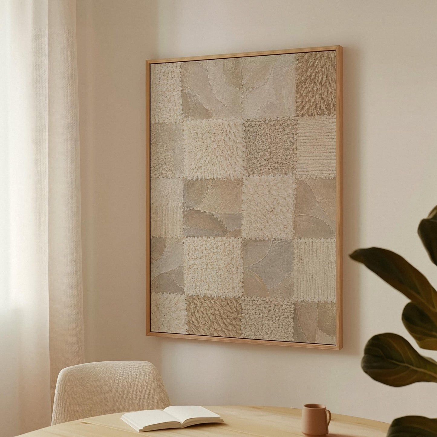Checkered patchwork of soft cream and beige squares, canvas print on a quiet wall in a considered interior