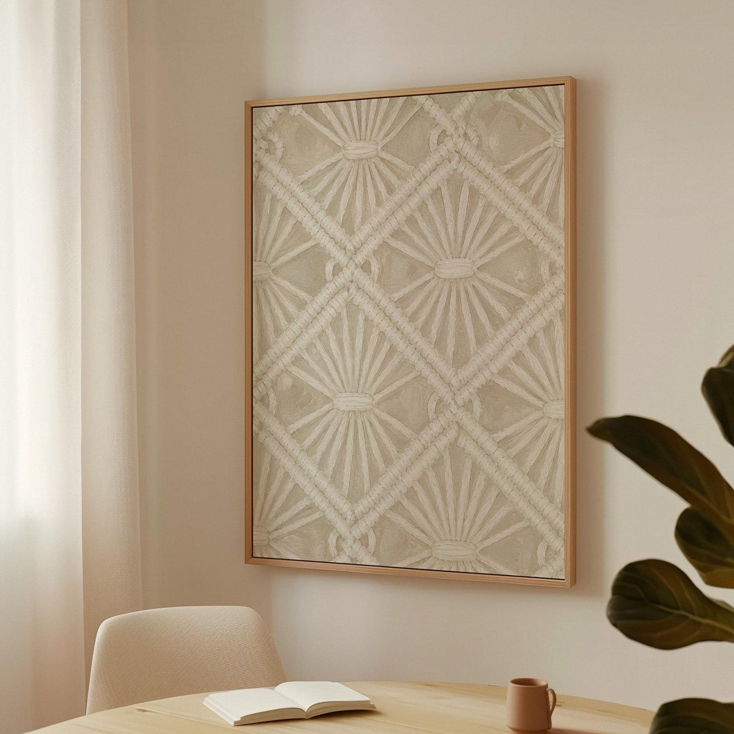 Diamond and fan lace pattern in ivory tones, canvas print seen in a warm interior with natural light
