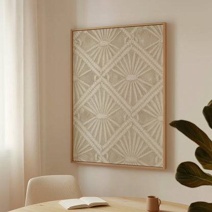 Diamond and fan lace pattern in ivory tones, canvas print seen in a warm interior with natural light