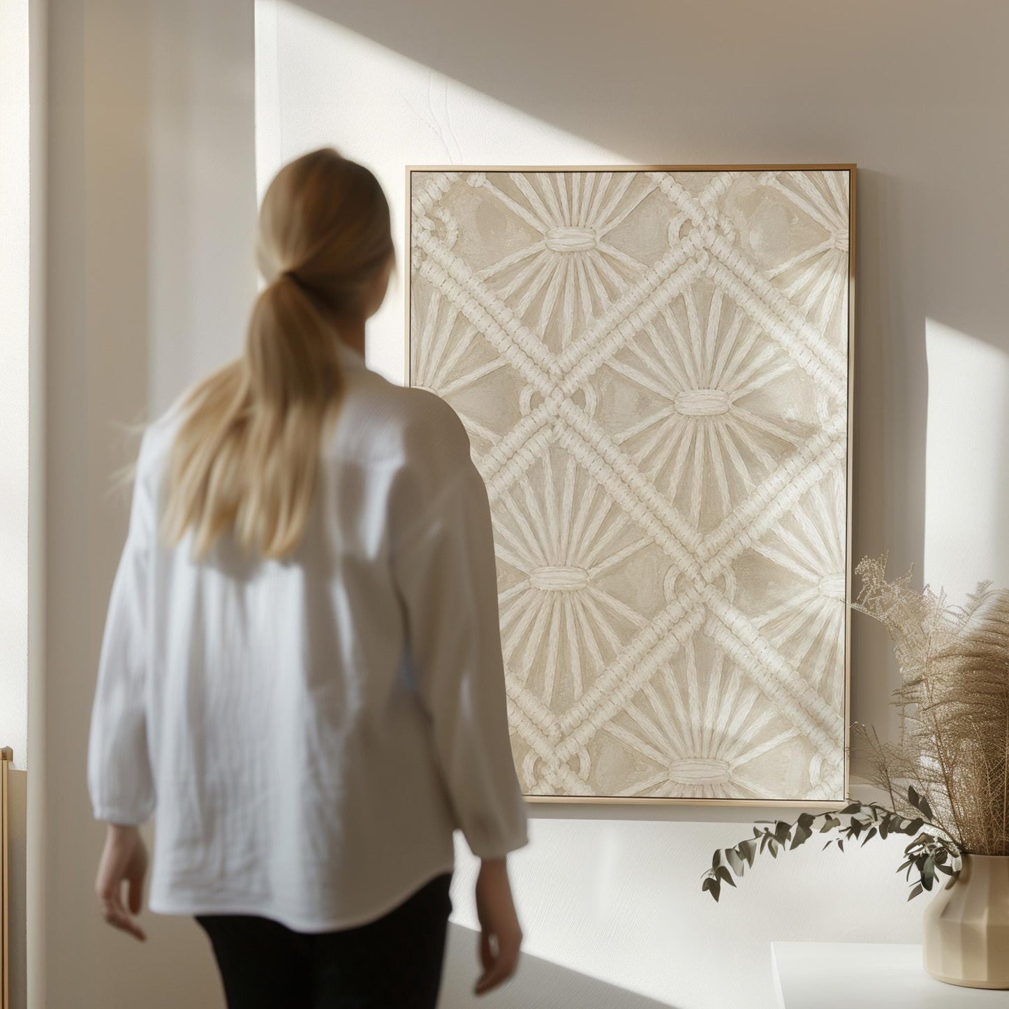 Diamond and fan lace pattern in ivory tones, canvas print presented in a light, minimal room
