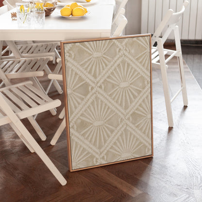 Diamond and fan lace pattern in ivory tones, canvas wall art presented in a light, minimal room