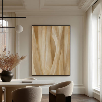 Golden beige ribbon strands flowing diagonally, canvas print seen in a warm interior with natural light