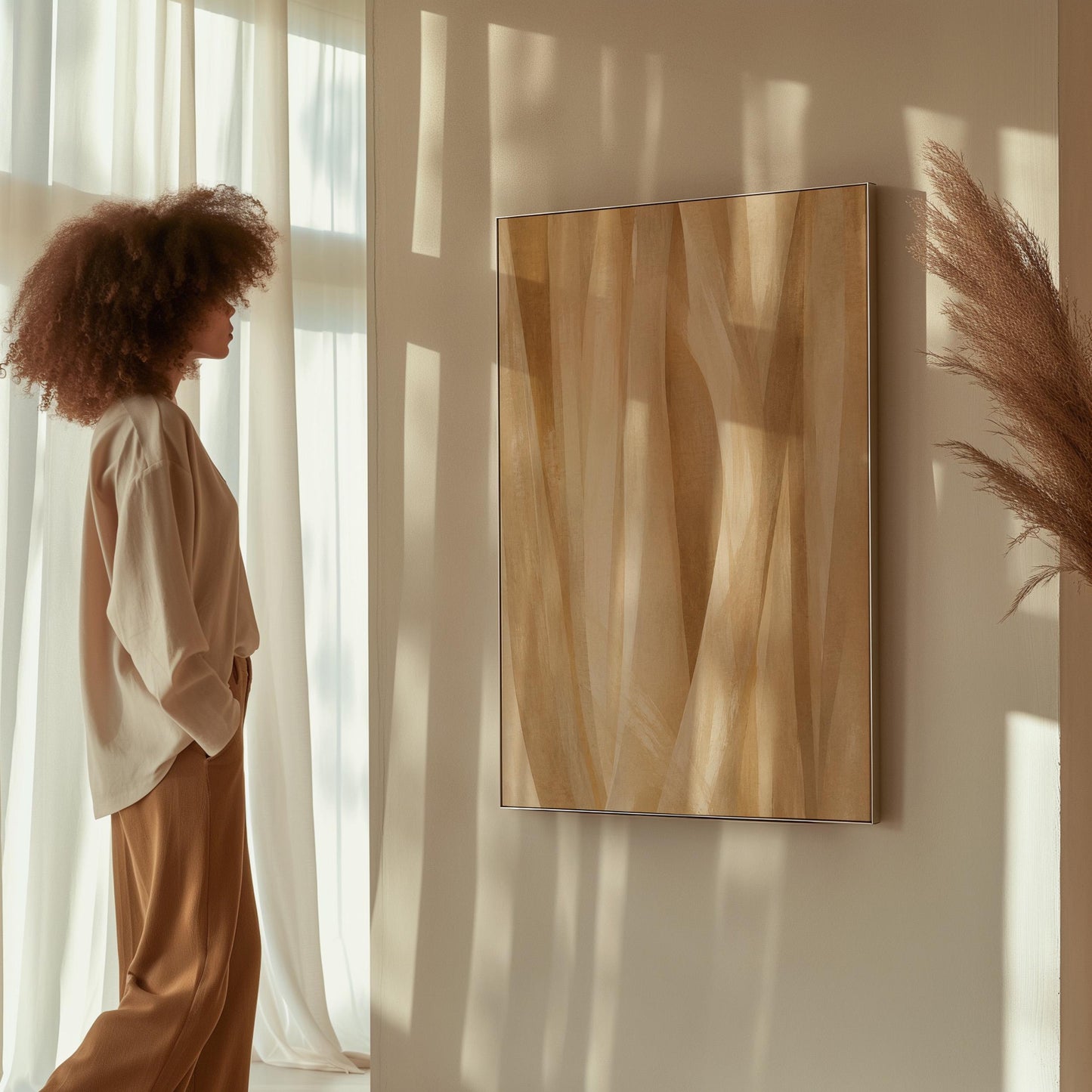 Golden beige ribbon strands flowing diagonally, canvas wall art styled against a soft white wall