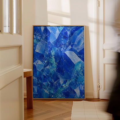 Faceted sapphire crystal planes with turquoise sparks, canvas print hanging in a calm, modern living space