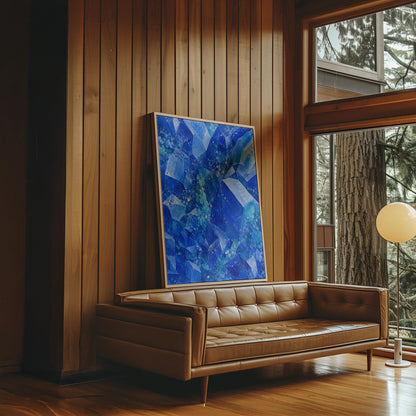 Faceted sapphire crystal planes with turquoise sparks, canvas print seen in a warm interior with natural light