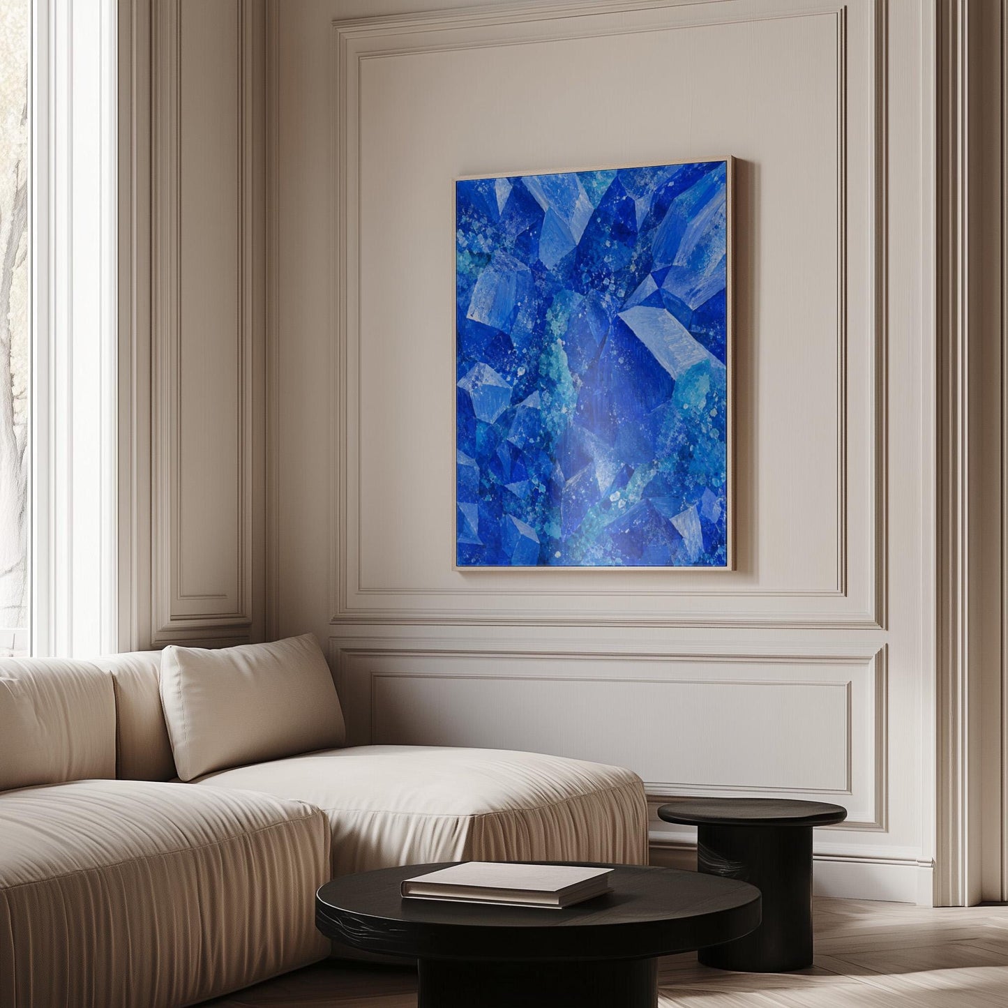Faceted sapphire crystal planes with turquoise sparks, canvas print displayed on a neutral wall in a styled interior