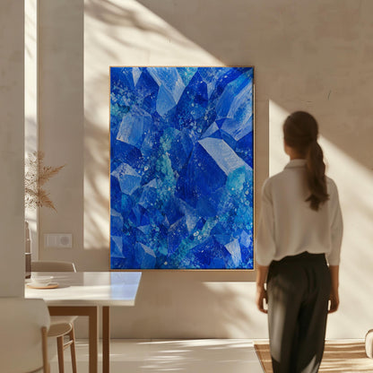 Faceted sapphire crystal planes with turquoise sparks, canvas wall art seen in a warm interior with natural light