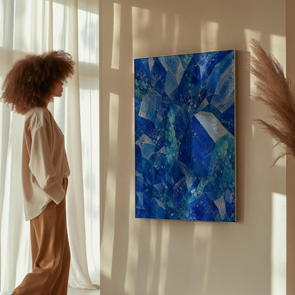 Faceted sapphire crystal planes with turquoise sparks, canvas wall art presented in a light, minimal room
