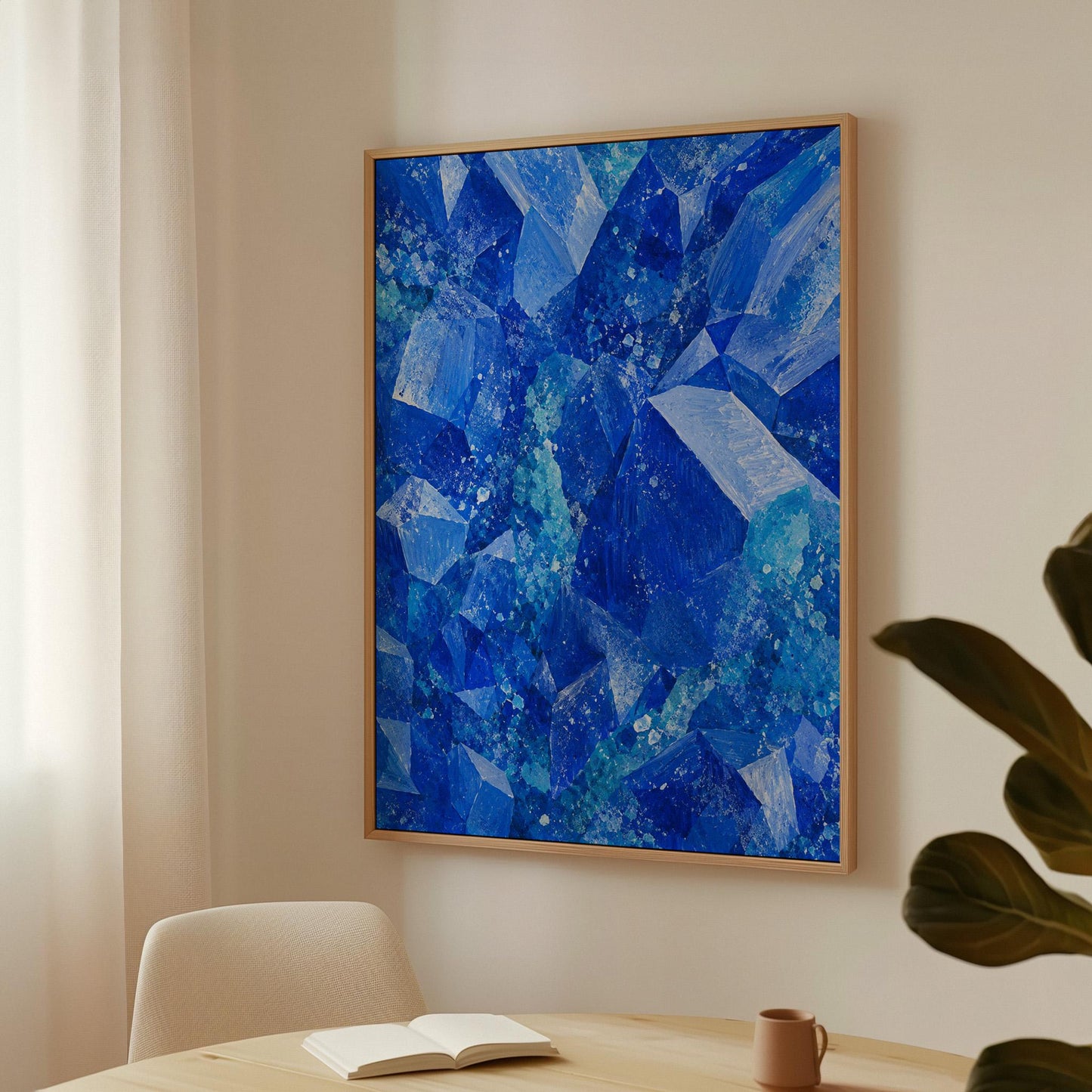 Faceted sapphire crystal planes with turquoise sparks, canvas print on a quiet wall in a considered interior
