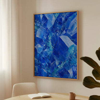 Faceted sapphire crystal planes with turquoise sparks, canvas print on a quiet wall in a considered interior