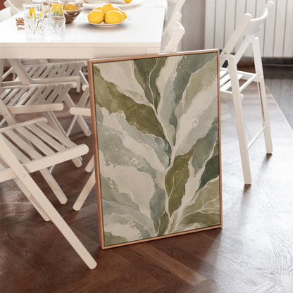 Flowing olive green leaves with soft marbled look, canvas print hanging in a calm, modern living space