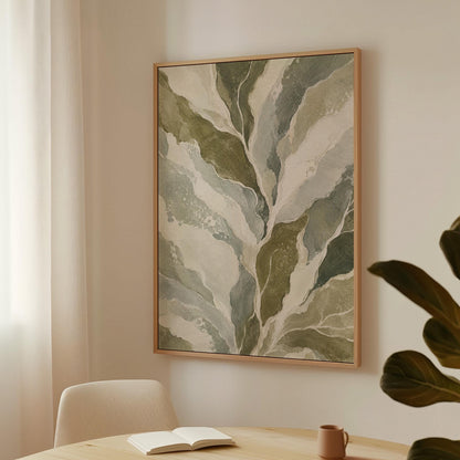 Flowing olive green leaves with soft marbled look, canvas print presented in a light, minimal room