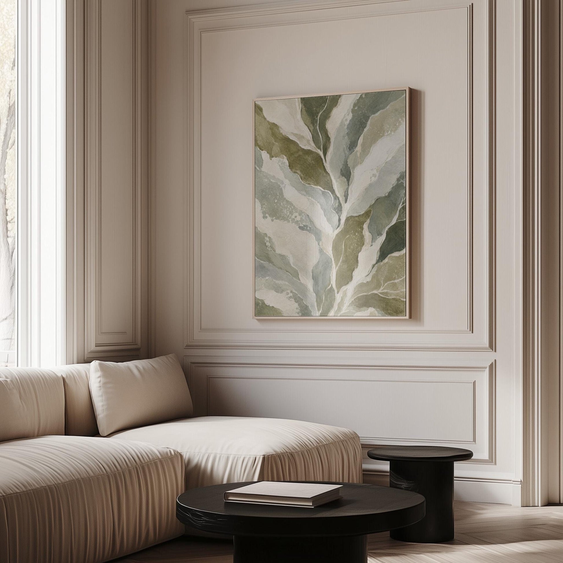 Flowing olive green leaves with soft marbled look, canvas print shown to scale in a furnished room
