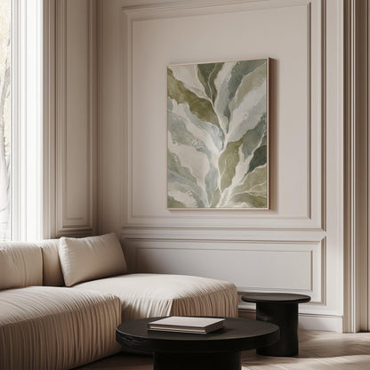Flowing olive green leaves with soft marbled look, canvas print shown to scale in a furnished room
