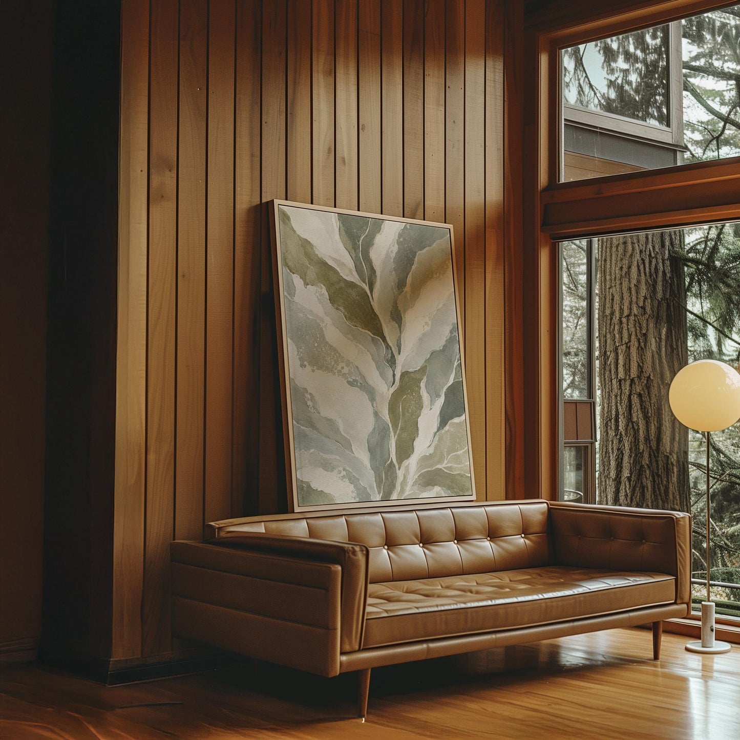 Flowing olive green leaves with soft marbled look, canvas print shown in a sunlit, contemporary room