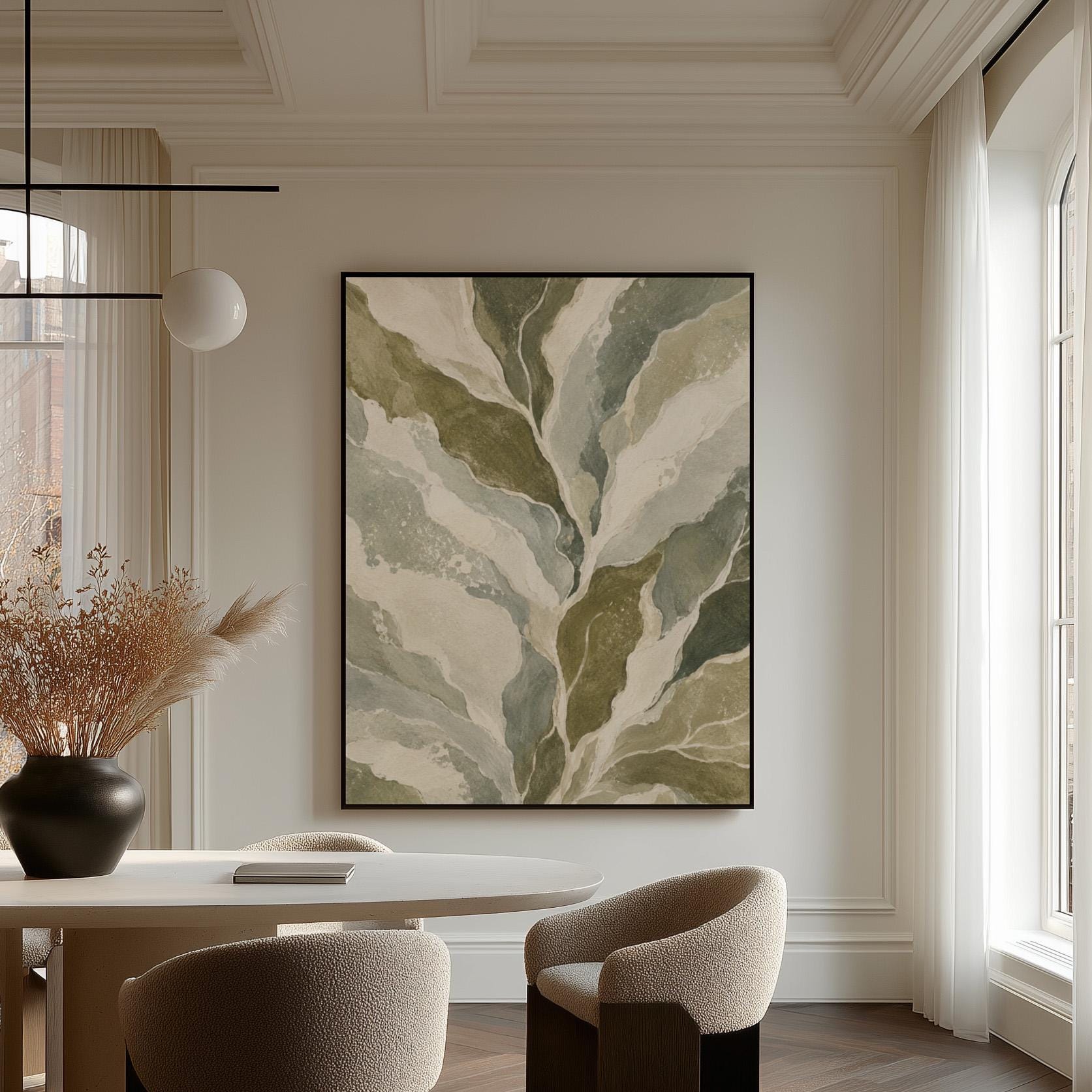 Flowing olive green leaves with soft marbled look, canvas wall art seen in a warm interior with natural light