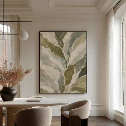 Flowing olive green leaves with soft marbled look, canvas wall art seen in a warm interior with natural light
