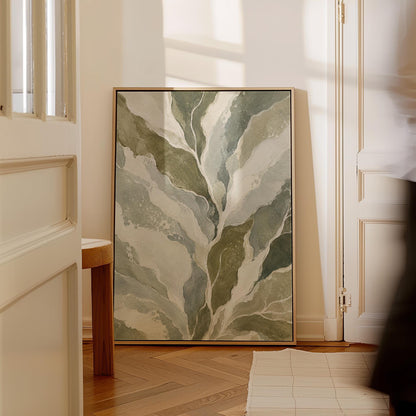 Flowing olive green leaves with soft marbled look, canvas wall art presented in a light, minimal room
