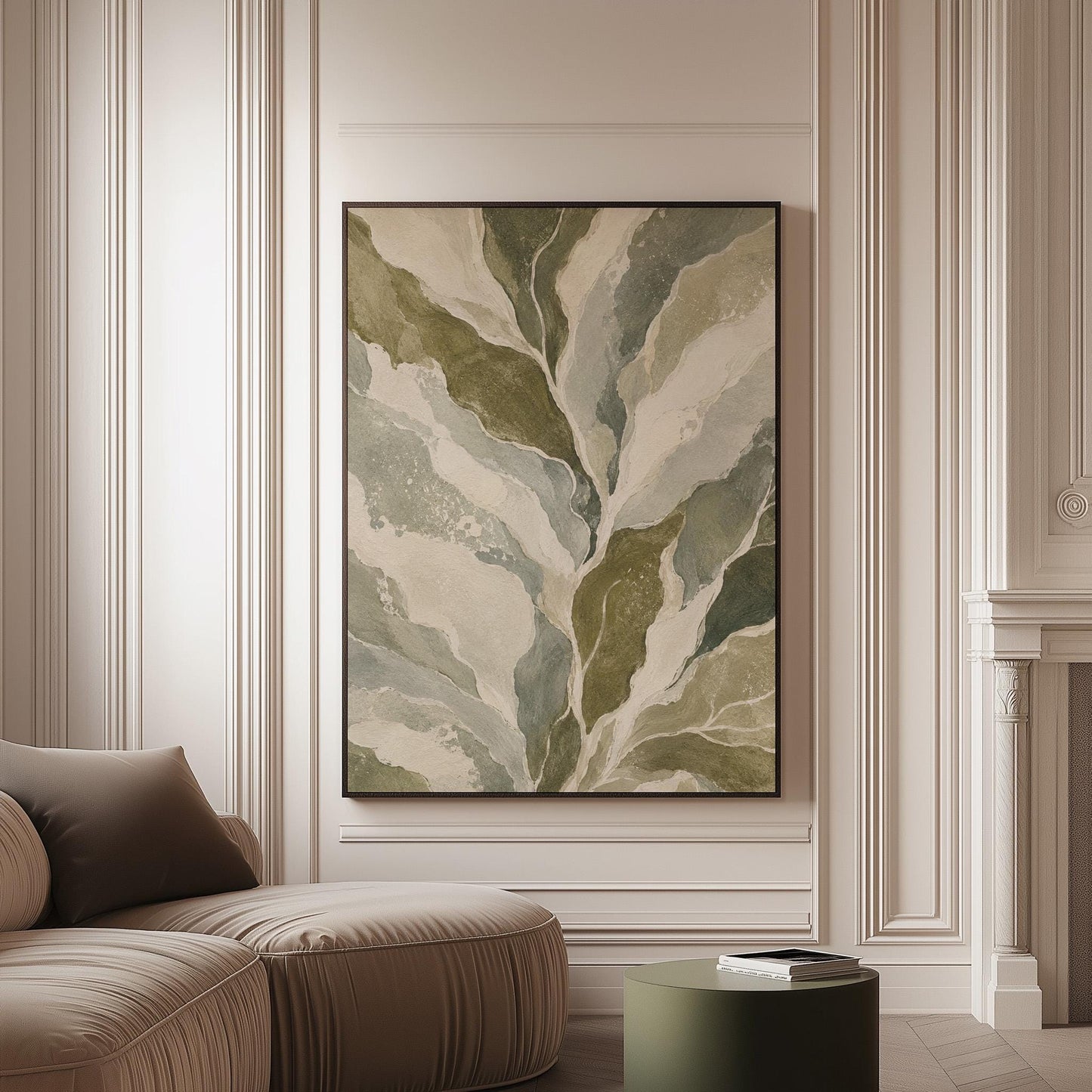 Flowing olive green leaves with soft marbled look, canvas print on a softly lit wall in a calm interior
