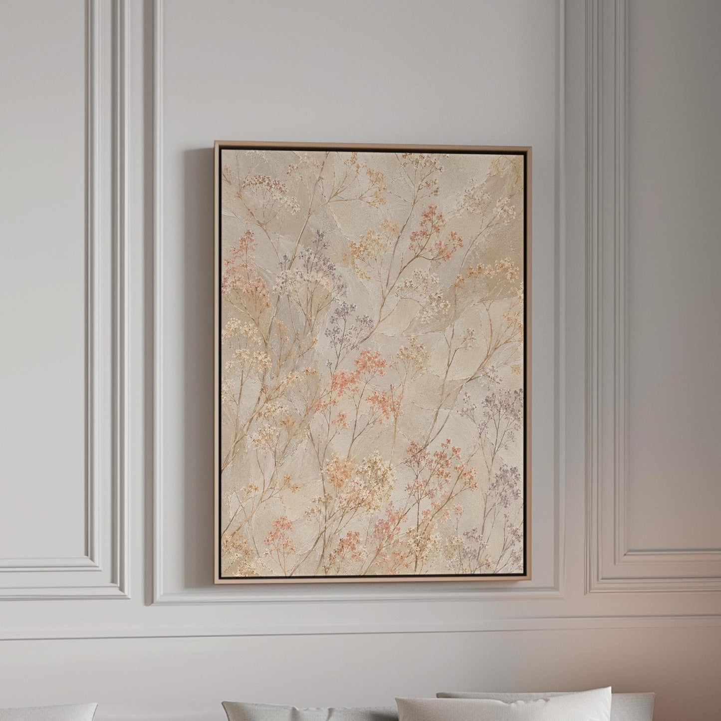 Fine sprigs and tiny blooms scattered on cream, canvas print in a bright room with natural daylight