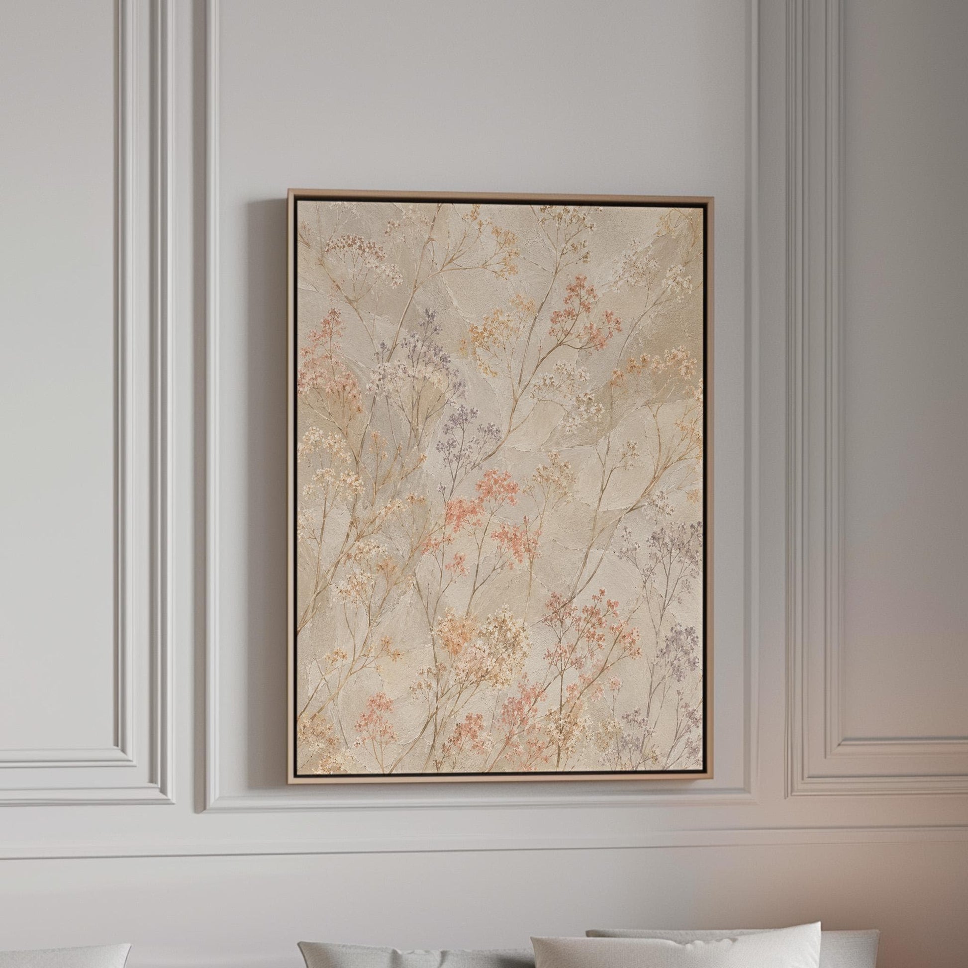 Fine sprigs and tiny blooms scattered on cream, canvas print in a bright room with natural daylight