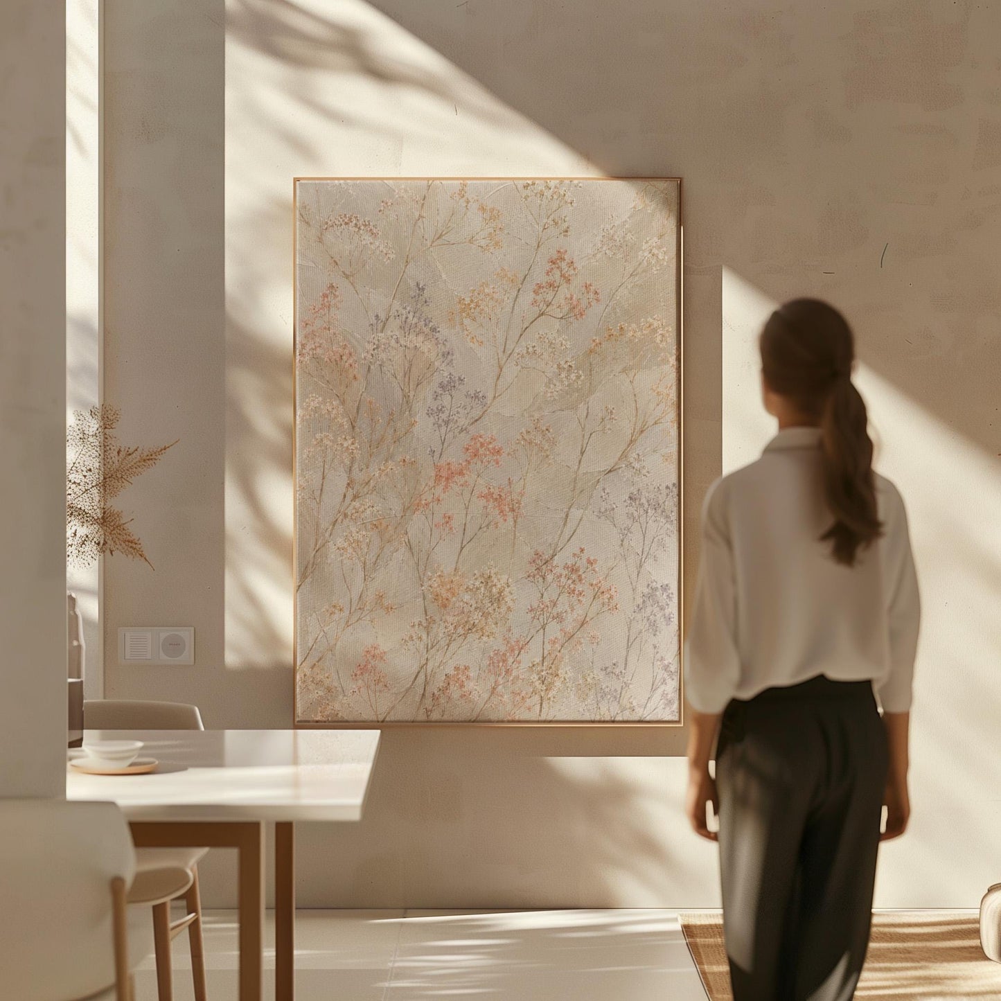 Fine sprigs and tiny blooms scattered on cream, canvas wall art on a quiet wall in a considered interior