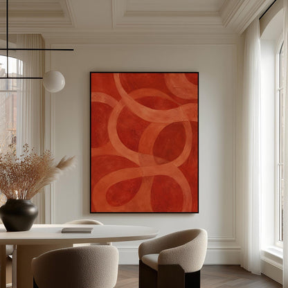 Interlocking loop rings in burnt orange and rust, canvas print presented in a light, minimal room