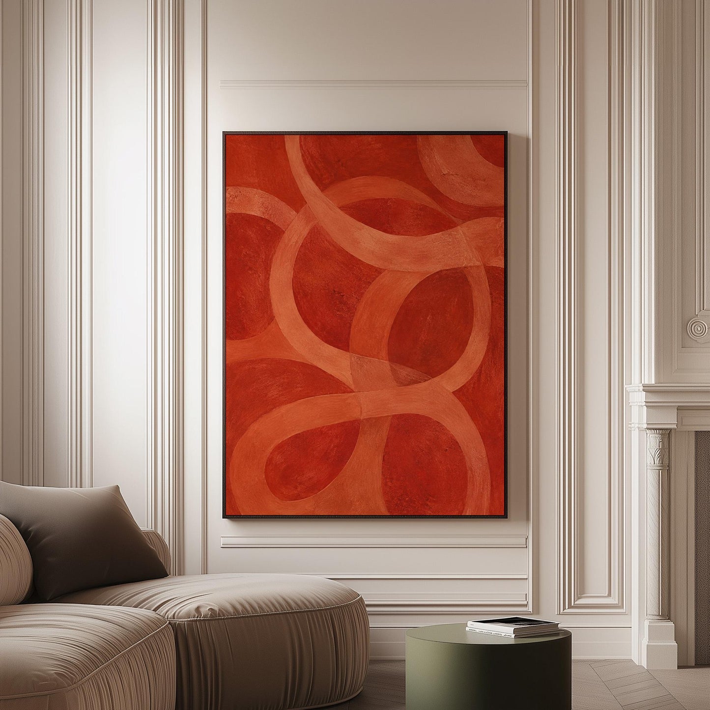 Interlocking loop rings in burnt orange and rust, canvas print on a softly lit wall in a calm interior