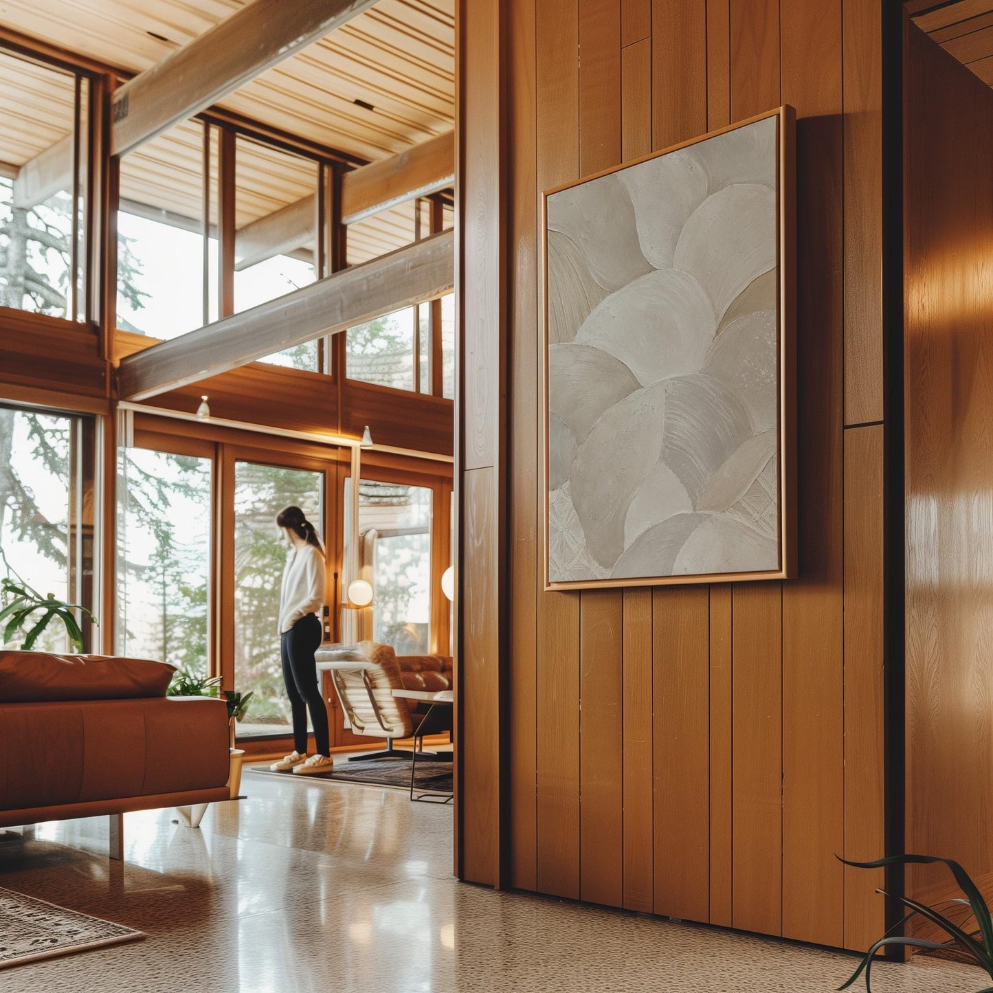 Sweeping layered petal curves in cream tones, canvas print styled against a soft white wall