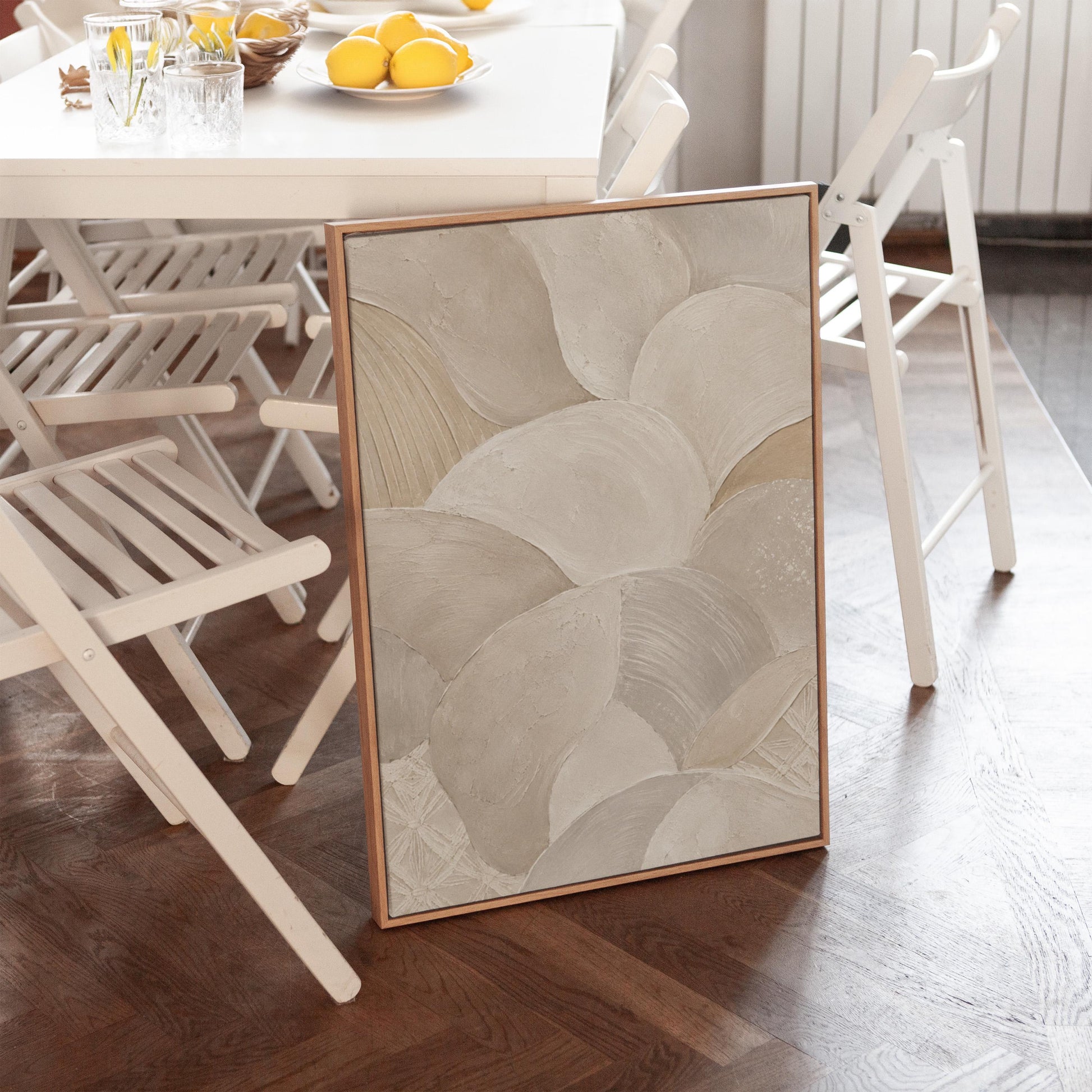 Sweeping layered petal curves in cream tones, canvas print on a quiet wall in a considered interior